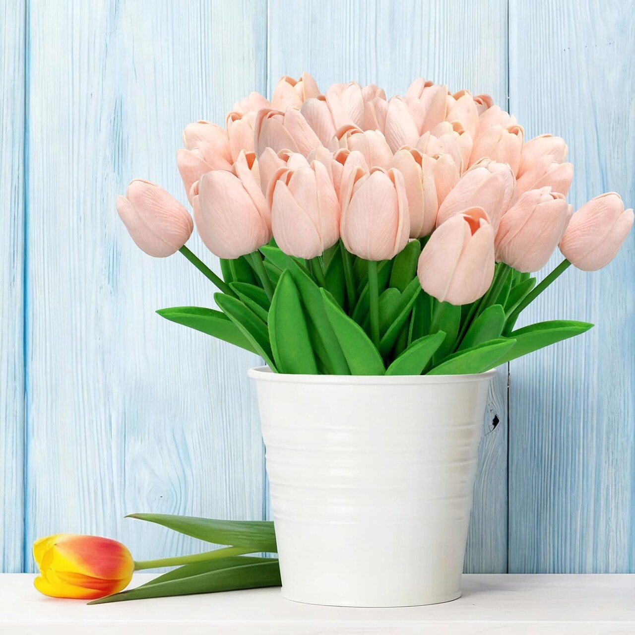 Spring Tabletop Decor – 28PCS Light Pink Artificial Tulips, Real Feel PU Stems for Easter, Spring Wreaths, Wedding Bouquets, Centerpieces, Cemetery & Table Decorations (13" Tall)